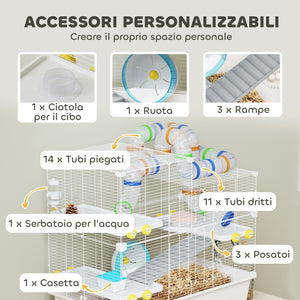 Gabbia per Criceti a 4 Livelli 78x45x73 cm con Tubi e Accessori in Metallo PP e PS Bianco