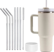 Vacuum-isolante contenitore con maniglia 1200 ml per viaggi - Contenitore per auto con imbuto - Acciaio inossidabile e silicone - Beige