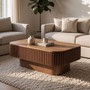 Tavolino basso con contenitore nascosto e coperchio removibile in legno e MDF colore noce