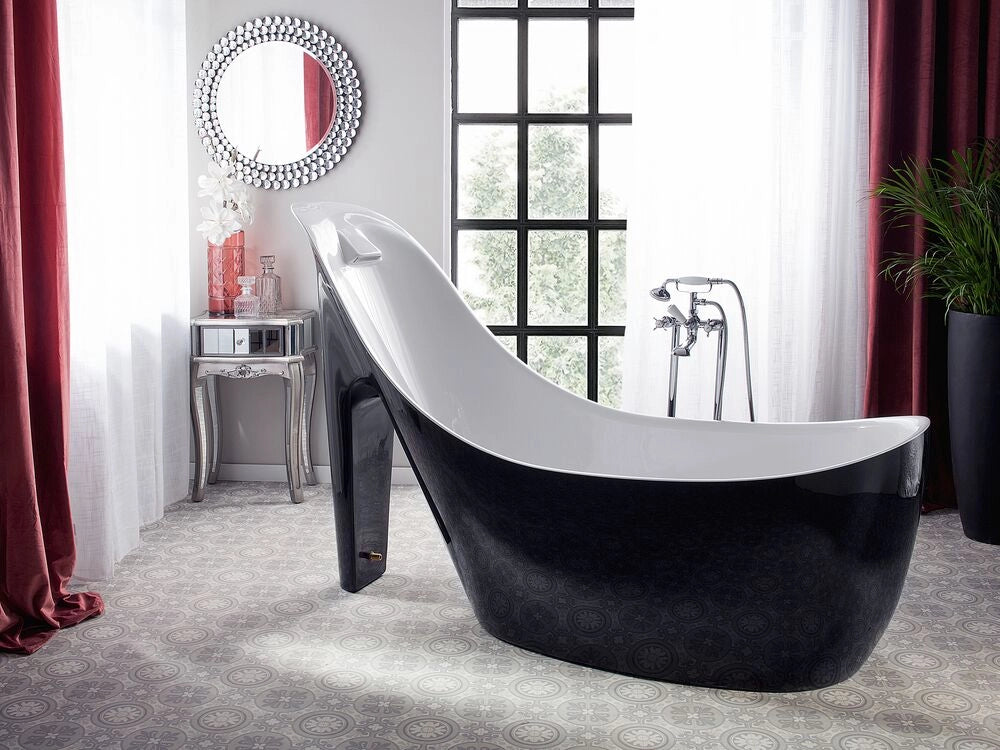 Vasca da bagno freestanding nera con bianco acrilico sanitario singolo 180 x 80 cm a forma di scarpa stile moderno