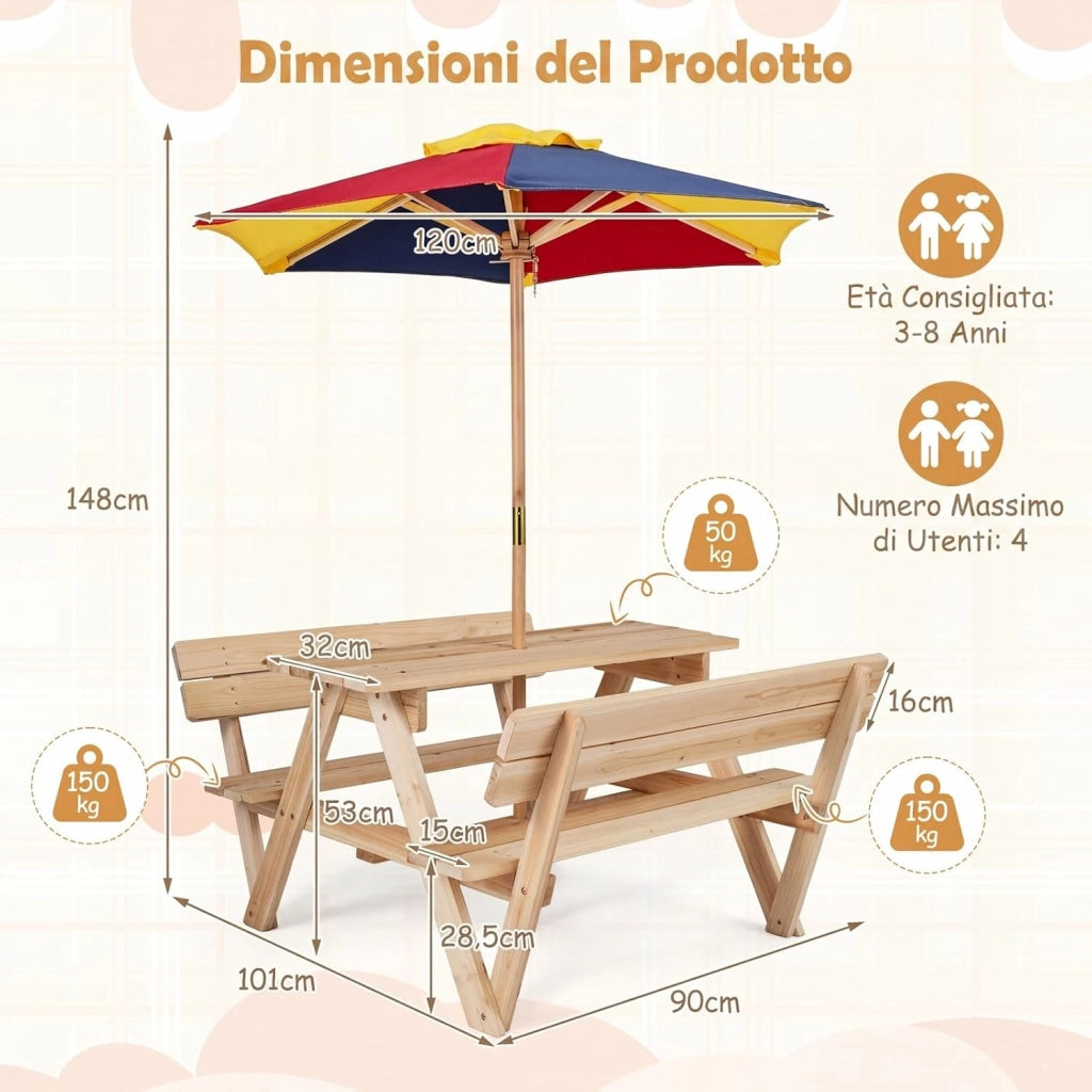 Tavolo da Picnic per Bambini, Set Tavolo e Panche da Giardino con Ombrellone Regolabile in Altezza e Struttura in Legno Massello per Campeggio e Picnic per Bambini 3-8 Anni