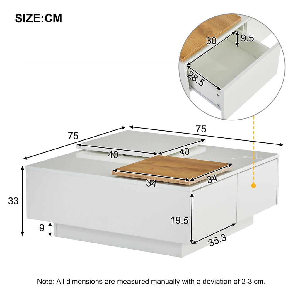 Tavolino basso quadrato con 4 cassetti, finitura lucida, per soggiorno, in truciolare bianco, 75 × 75 × 33,5 cm