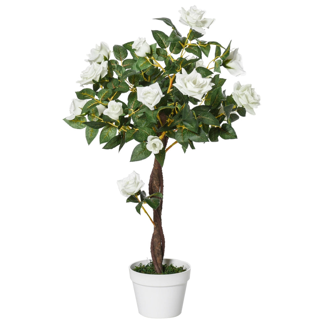 EasyComfort Pianta Finta di Rosa da 21 Fiori con Vaso Riempito in Cemento e Muschio, Pianta Artificiale in Plastica e Tessuto, Ø18x90 cm, Bianco e Verde