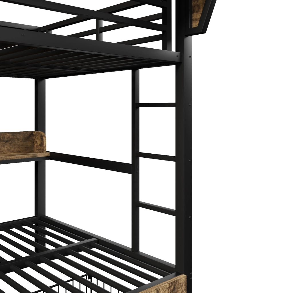Letto a castello 204x163x176.5 cm con LED; cassetti e ripiano in MDF e metallo nero