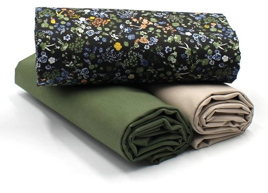Set di tessuto in cotone a design 1,5 m + 2x selezione di tessuto a colori uniformi 100% cotone coordinata (Fine Flowers Set39)