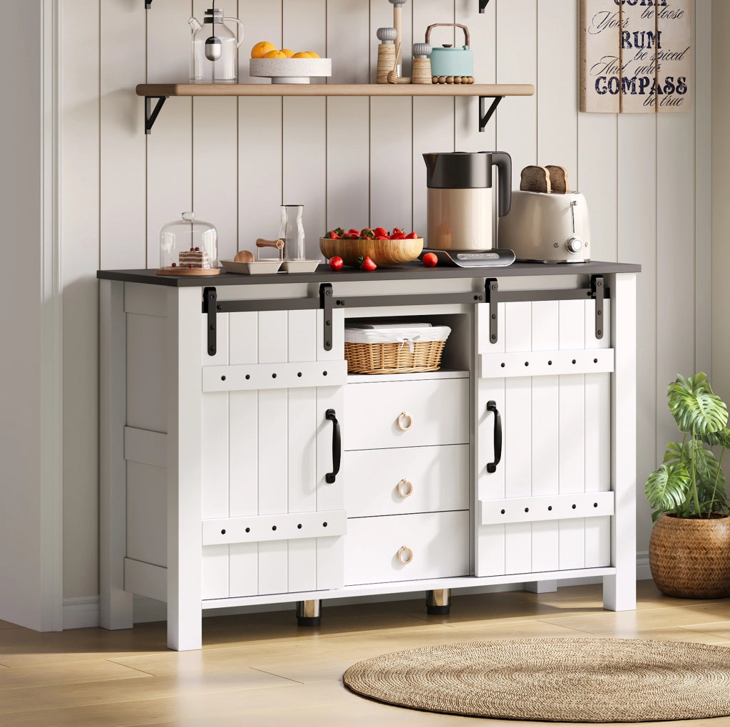 Credenza moderna 120 cm bianca con ante scorrevoli e 3 cassetti