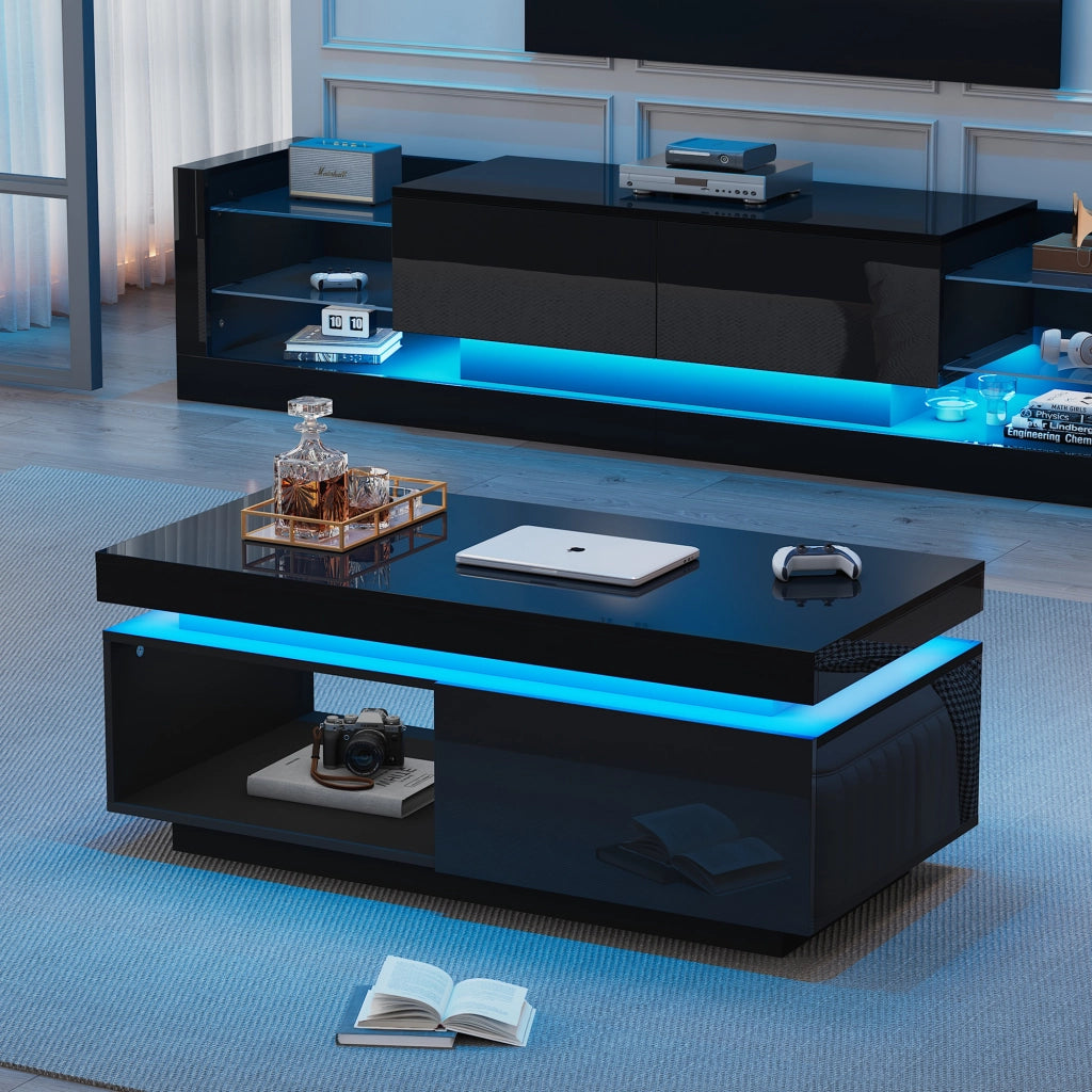 OKWISH Set mobili soggiorno Mobile TV e Tavolino con LED, Frontali Lucidi, in Pannelli di Truciolare Nero