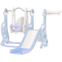Gioco per Bambini 4 in 1 con Scivolo, Altalena, Arrampicata e Canestro, 147.5x160x107 cm, Azzurro Chiaro
