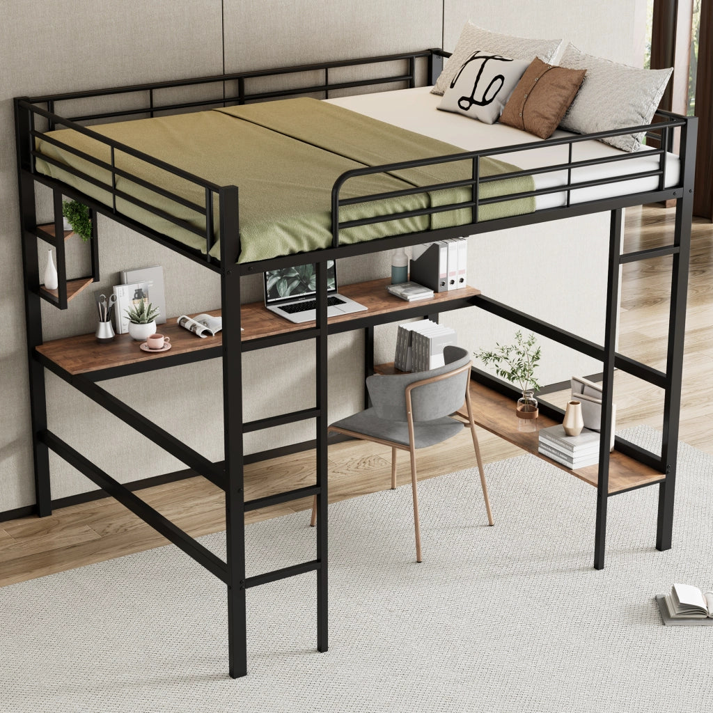 Letto a Soppalco; Letto Matrimoniale con Scrivania; 4 Ripiani e Libreria; 140×200 cm; senza Materasso