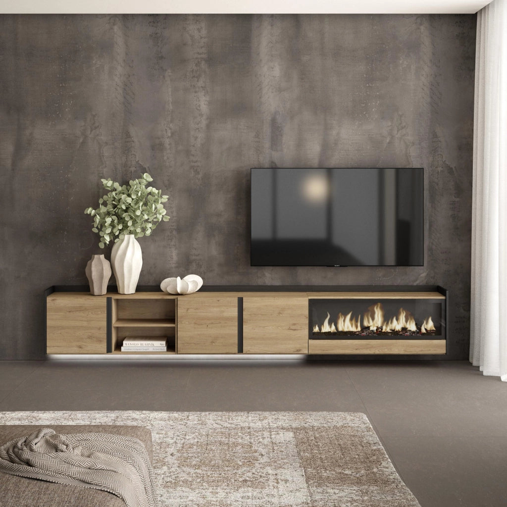 Mobile TV Soggiorno, 315x50x35 cm, Per TV fino a 80", Camino elettrico XXL, Sospeso, da appendere, LED, Rovere e nero