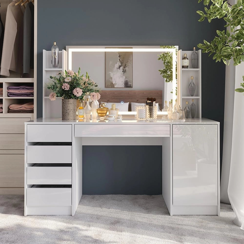 Tavolo da toeletta Sherry, Bianco/bianco lucido, 158.2 cm 4 parti