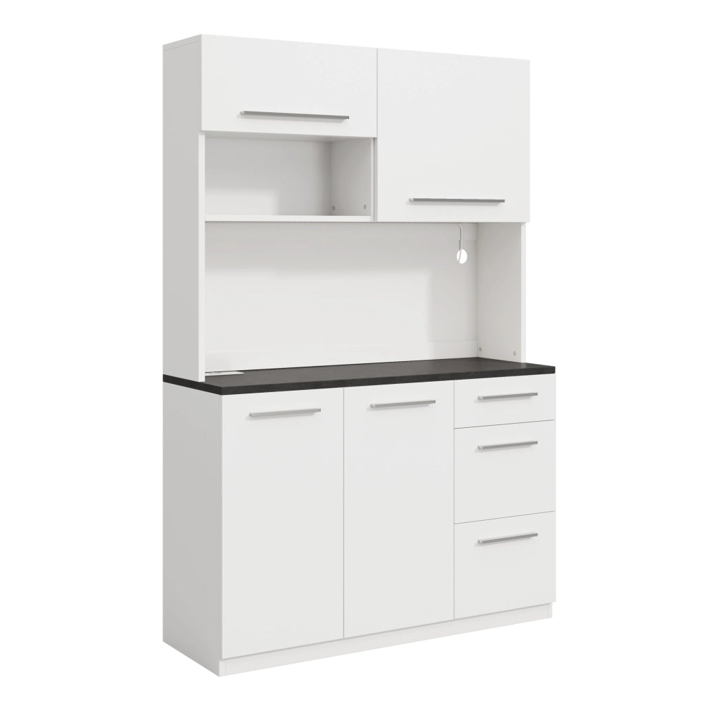 Credenza alta 120x40x180 cm con ampio spazio; prese integrate e LED multicolore; truciolare bianco