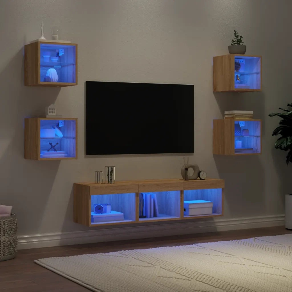 Mobili TV a Muro con LED 7pz | Armadietto TV | Mobile Porta TV Rovere Sonoma Legno Multistrato