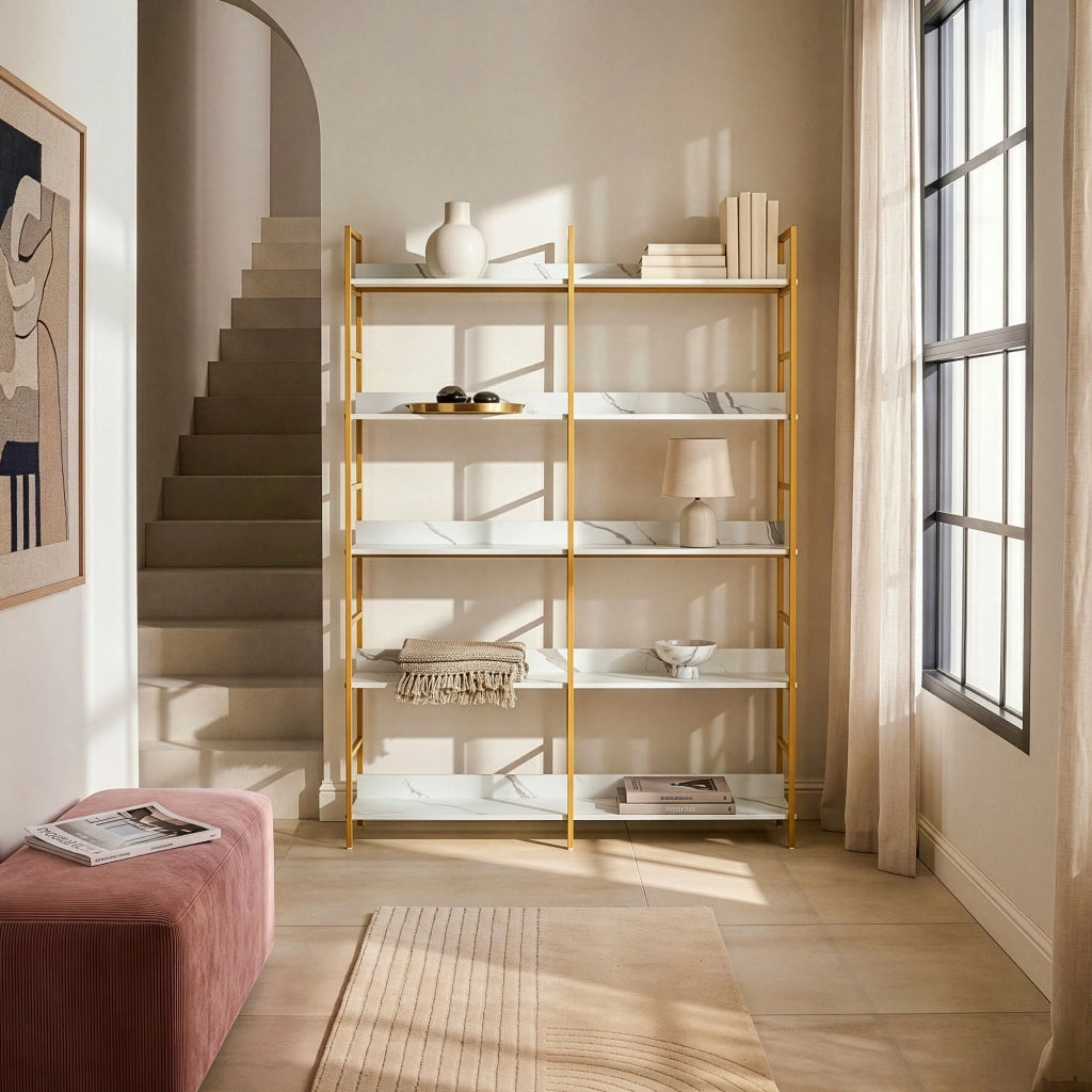 Libreria Noskik Scaffale da Terra con Ripiani 180 x 120 x 30 cm - Color Oro / Effetto Marmo Bianco [en.casa]