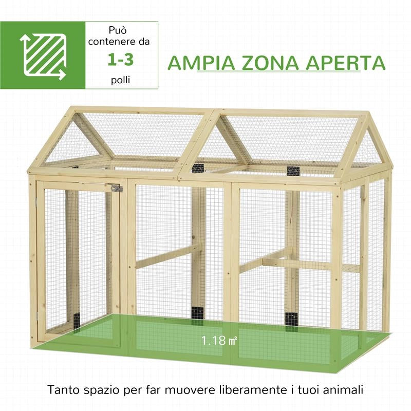RECINTO PER GALLINE ALL'APERTO IN LEGNO CON PORTE MULTIPLE E RETE IN METALLO, 140X88.5X106 CM, COLOR LEGNO