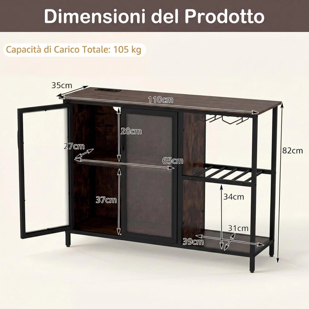 Mobiletto Bar per Vino con Prese di Corrente e Luci LED, Mobile Bar da Terra per Caffè con Portabottiglie e Portabicchieri, Credenza Buffet per Liquori per Cucina, Sala da Pranzo e Soggiorno