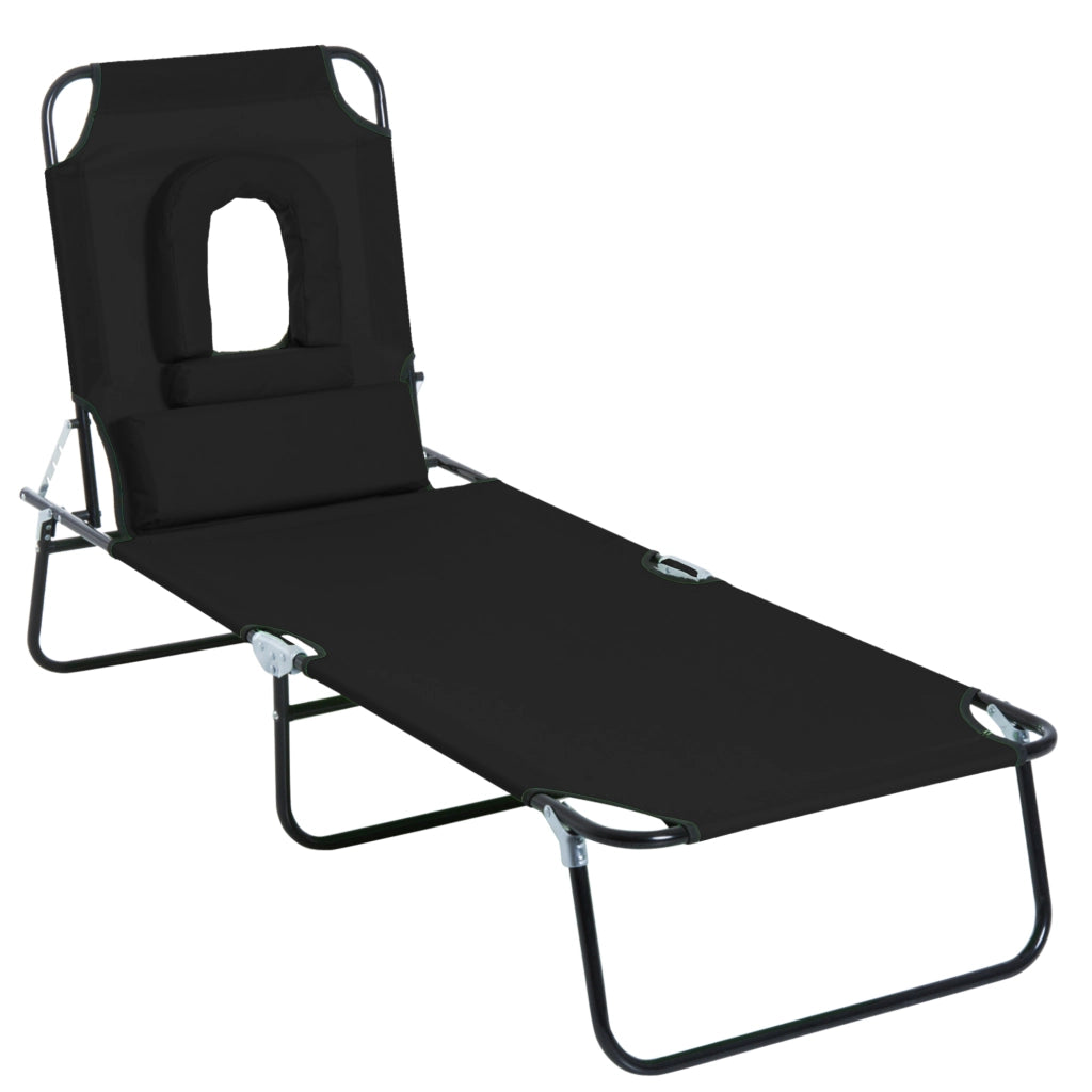 Easycomfort Sdraio Pieghevole Reclinabile su 4 Livelli con Foro per Lettura e Cuscino in Tessuto Oxford e Acciaio, 187x58x36 cm, Nero