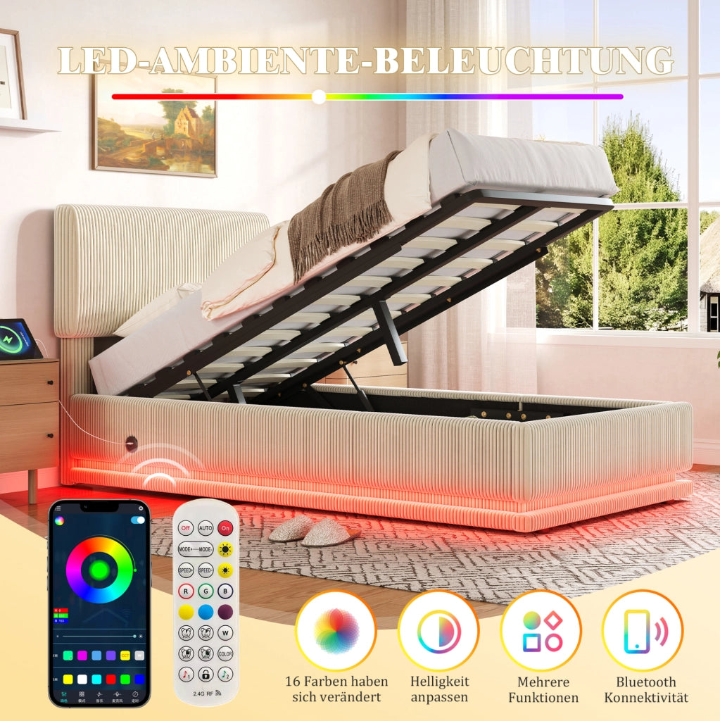 Letto imbottito 90 x 200 cm in velluto a coste beige con LED; USB-C e testiera regolabile