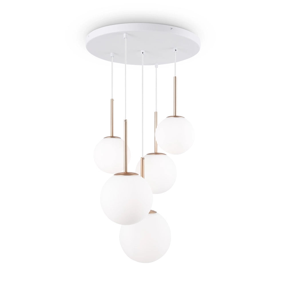 Lampadario Minimal Basic Form In Metallo Bianco E Oro 5 Luci E Diffusori Vetro