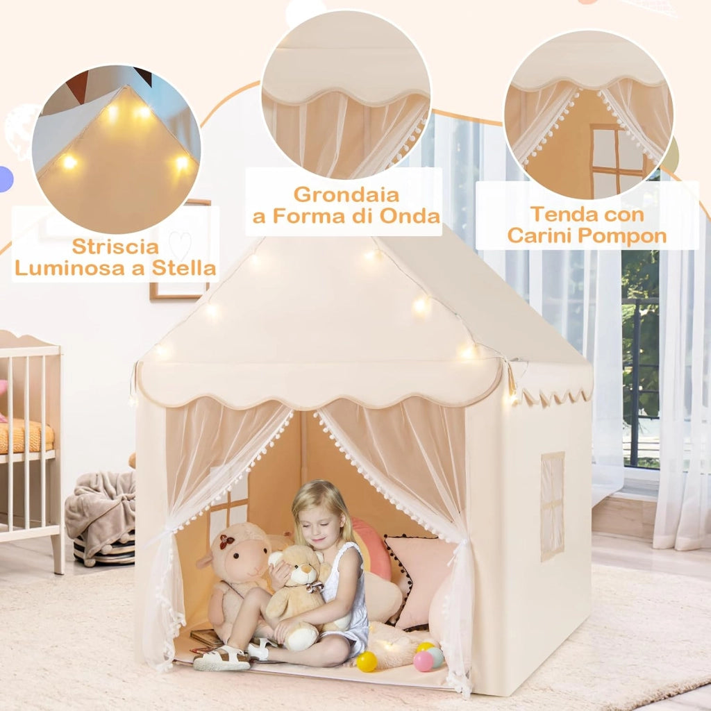 Tenda da Gioco per Bambini, Tenda Castello con Tappetino Lavabile, Luci a Forma di Stella, per Interno ed Esterno, 105 x 121 x 136 cm (Stile 2 Beige)