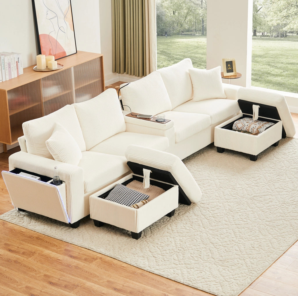 Divano a U in velluto a coste con 2 pouf; lampada; USB/Type-C e LED; beige