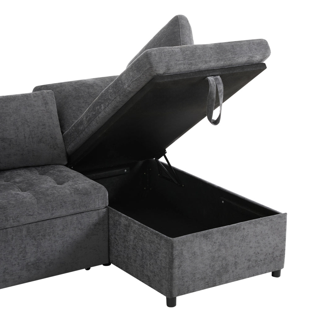 Divano angolare a destra in chenille con letto estraibile; contenitore; USB e portabicchieri; grigio scuro