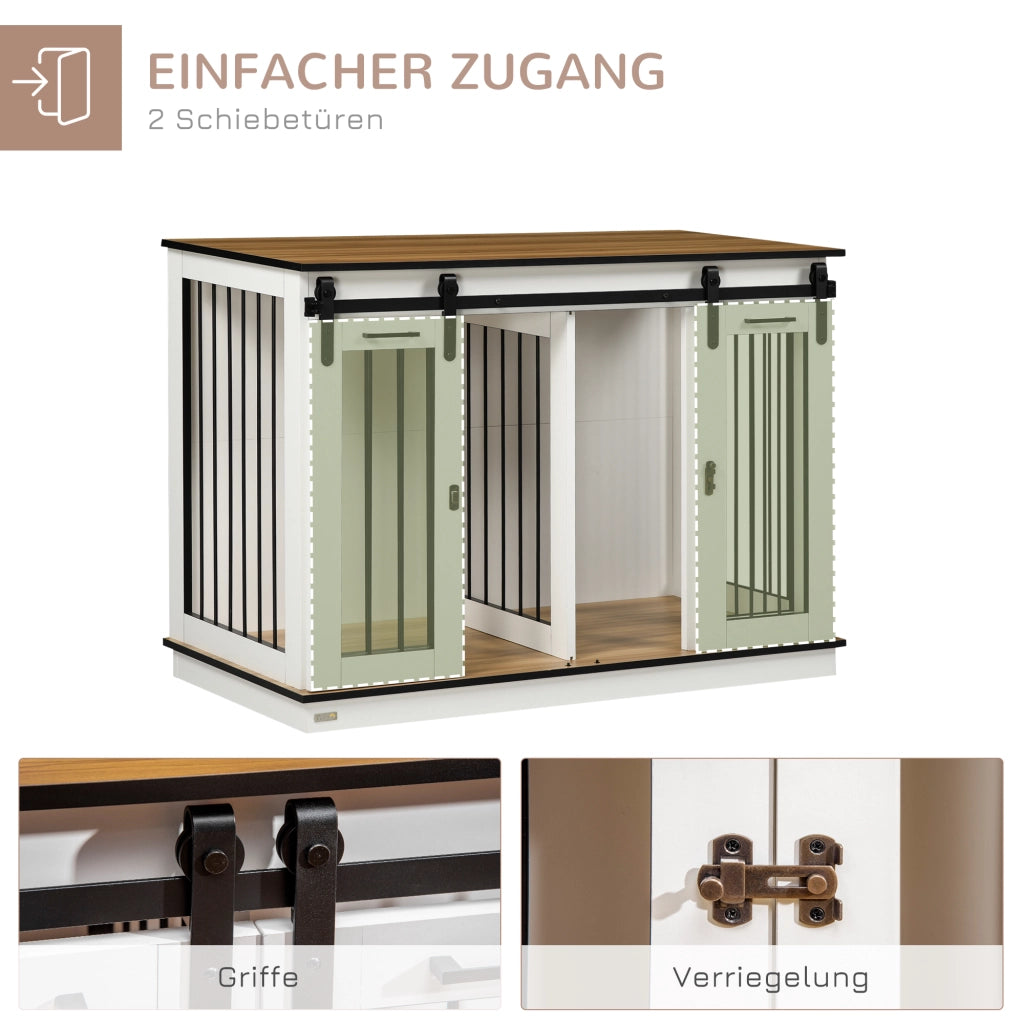 Gabbia per cani con divisorio rimovibile e doppie porte con griglie ventilazione in legno bianco 120 × 60 × 88,5 cm