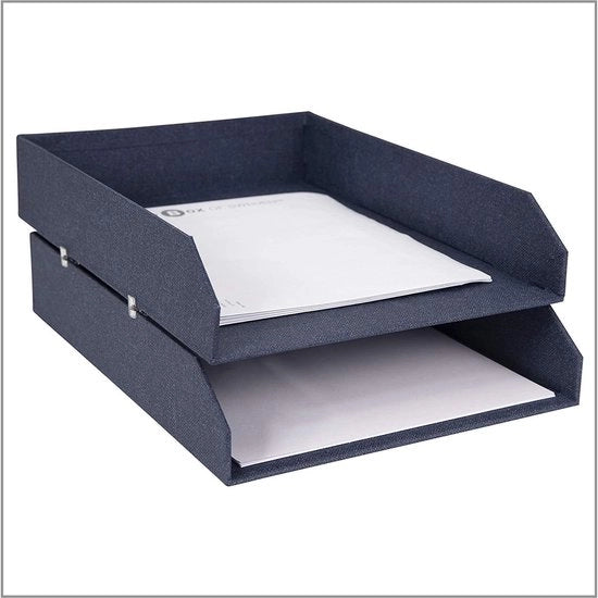 Set di 2 cassette per la scrivania, contenitori ripiegabili per documenti e lettere, sistema di archiviazione in compensato con carta in stile lino, blu