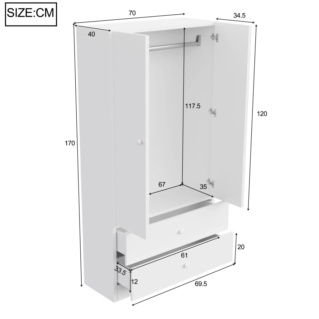 Armadio con 2 cassetti 70x40x170 cm in MDF bianco