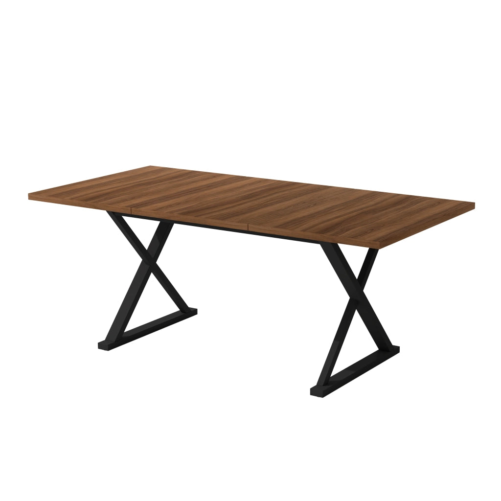 Tavolo da pranzo per 6-8 persone con gambe in metallo a X design minimalista in MDF noce e nero 180 × 90 cm