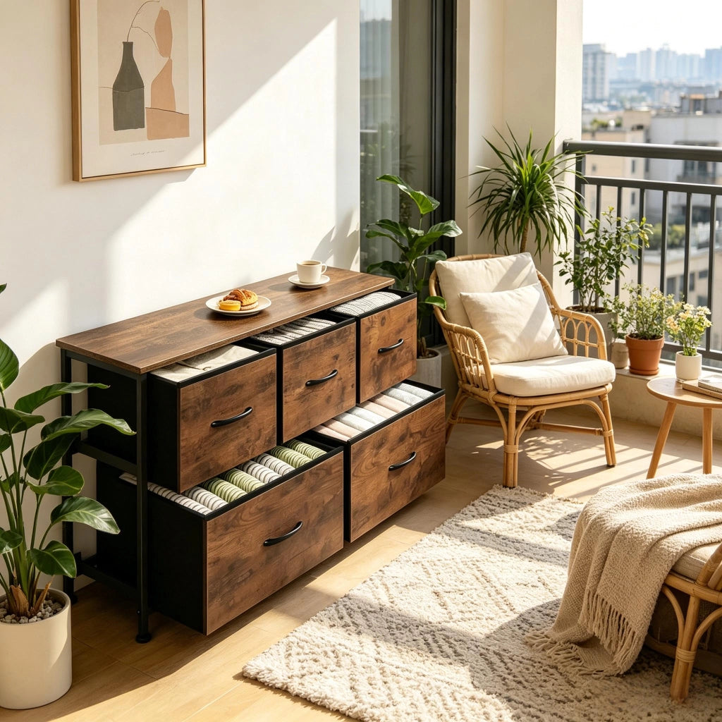 Comò con 5 cassetti in tessuto, struttura in metallo e MDF, stile vintage, per ingresso e soggiorno, 100 × 30 × 54 cm