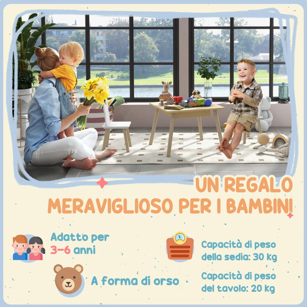 Set Tavolino Multifunzione e 2 Sedie per Bambini Orsetto Colore Legno