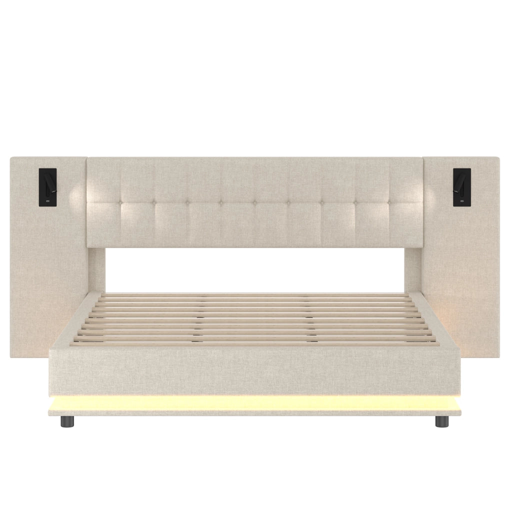 Letto imbottito 180x200 cm con LED; spot e USB in lino beige