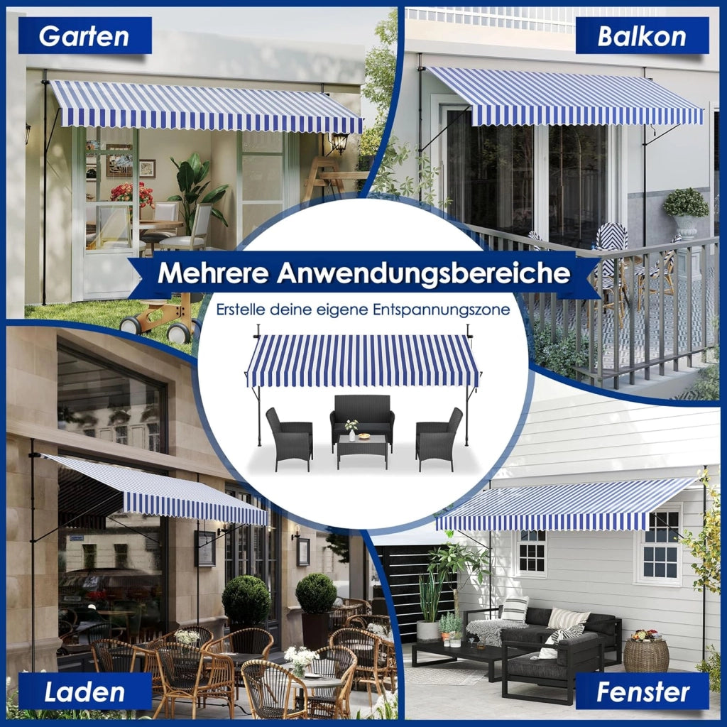 Tenda da sole da balcone, larghezza 400 cm, senza foratura, con manovella, regolabile in altezza, protezione solare resistente alle intemperie, 400 x 120 cm, strisce blu