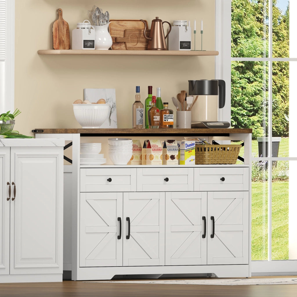 Buffet Anrichte 140 cm con 3 cassetti, 2 armadi e vani aperti, design rustico moderno in MDF, bianco e marrone
