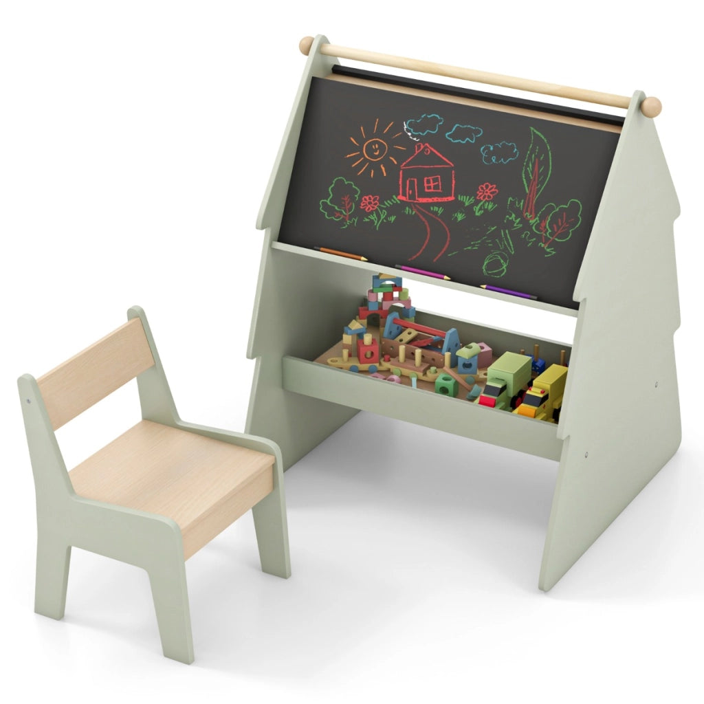Cavalletto da disegno a forma di albero per bambini con sgabello, Set cavalletto a 2 lati e sedia con scaffale Verde-Cavalletti e lavagne bambini