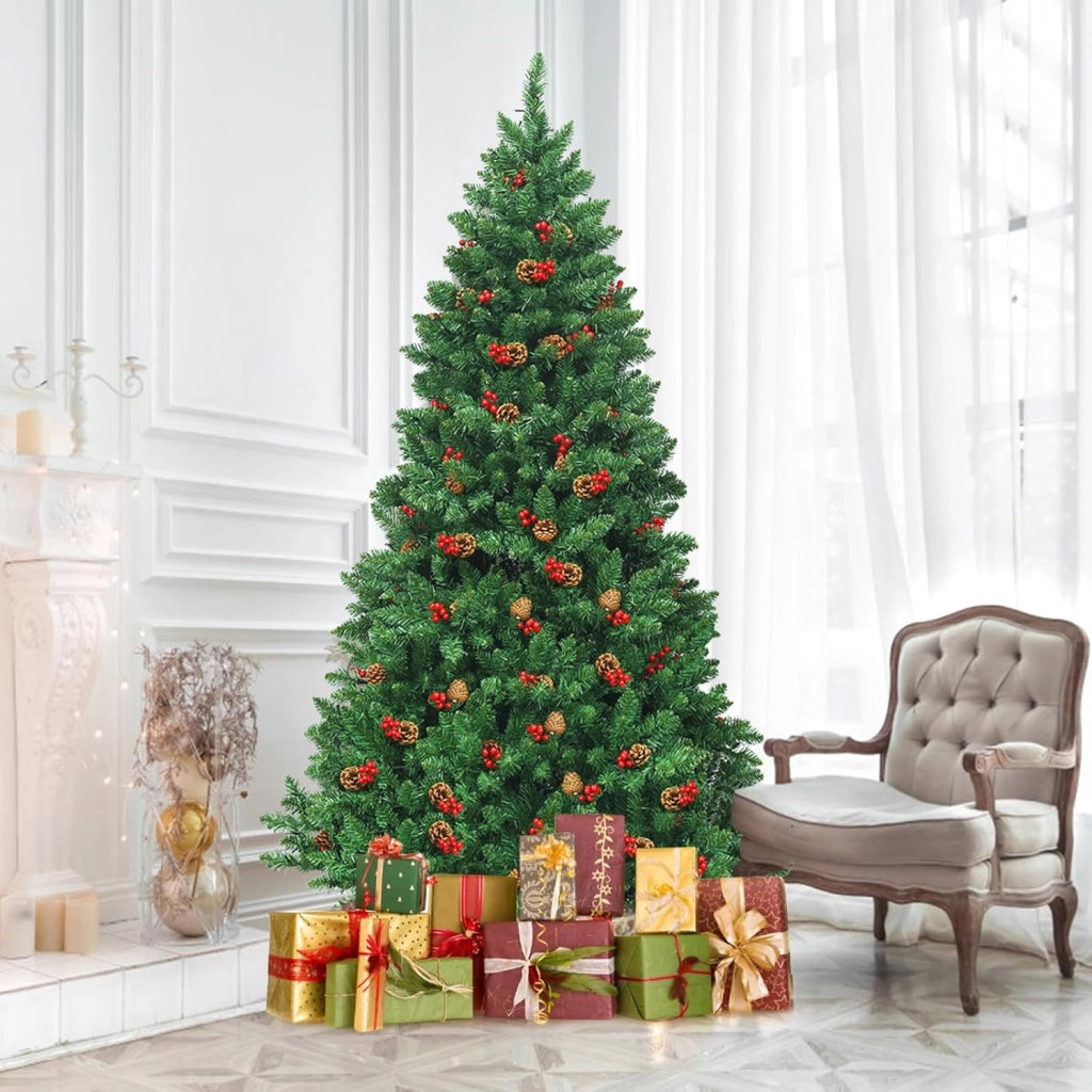 Albero di Natale 135/195 cm, Albero di Natale con 300/450 Luci Incorporate Bianco Caldo, 516/1100 Rami, 32/56 Pigne e 32/56 Bacche Rosse e Base in Metallo, Verde (195cm)