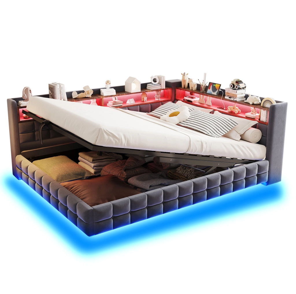Divano letto imbottito 140x200 cm con vano contenitore idraulico; LED; prese USB e Type-C; grigio