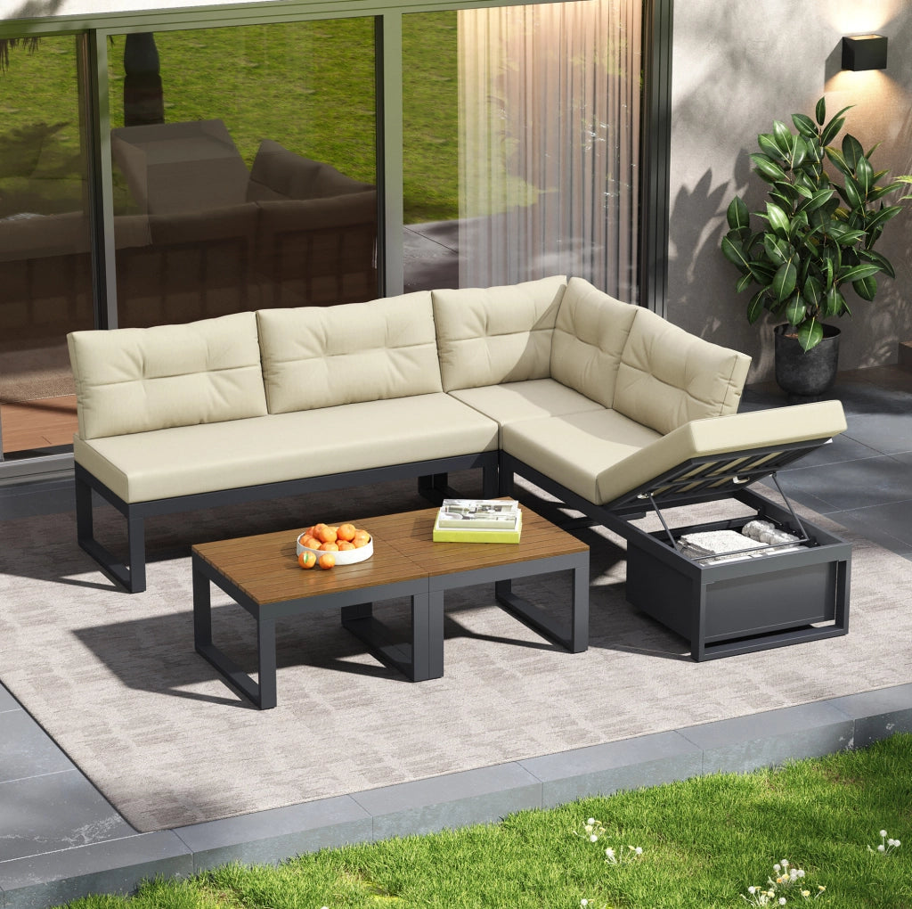 Set divano da esterno modulare beige con schienale regolabile e contenitore