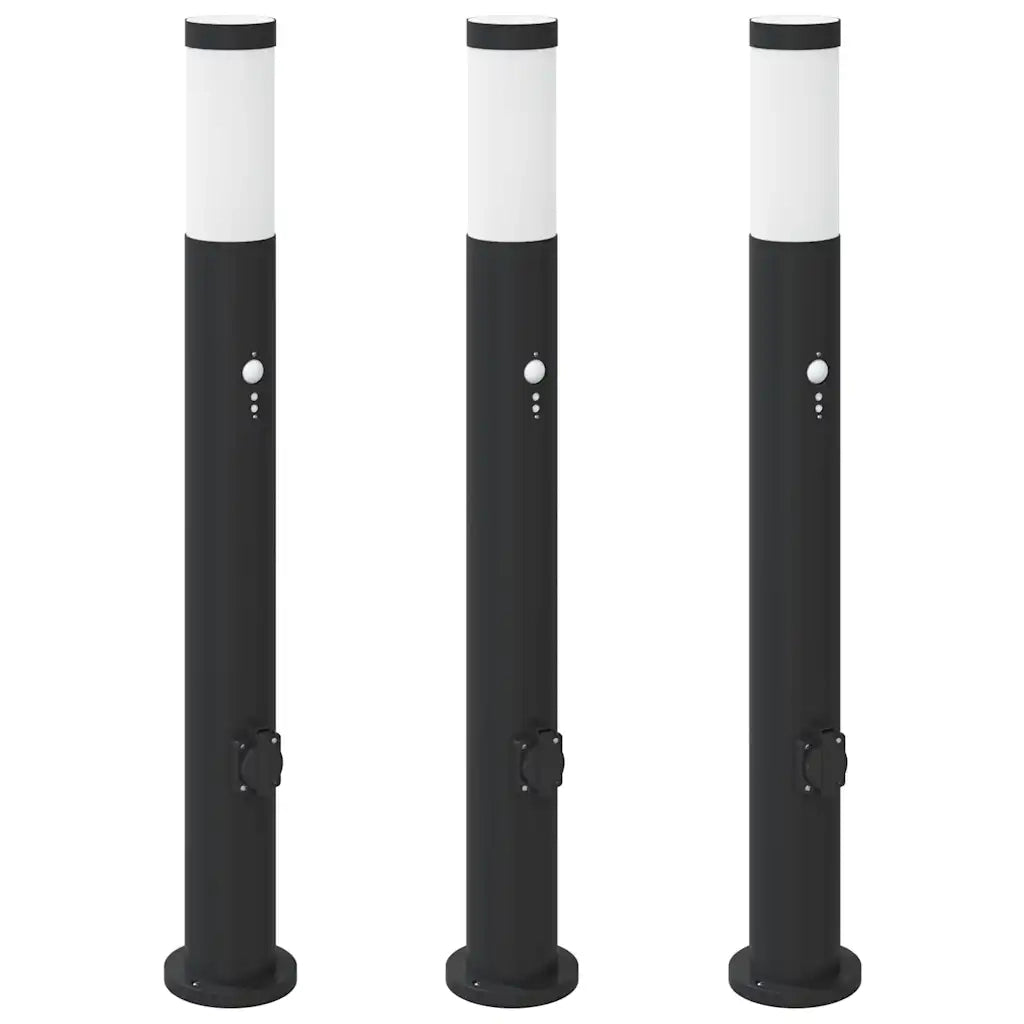 Lampioni a paletto con sensore e presa 3 pz 80 cm Acciaio Inox IP44 4006044