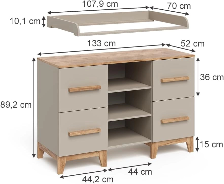 Fasciatoio Malia, Cashmere/Artigianale, 133 x 98 cm XL con 4 cassetti, con fasciatoio rimovibile per l'utilizzo come cassettiera