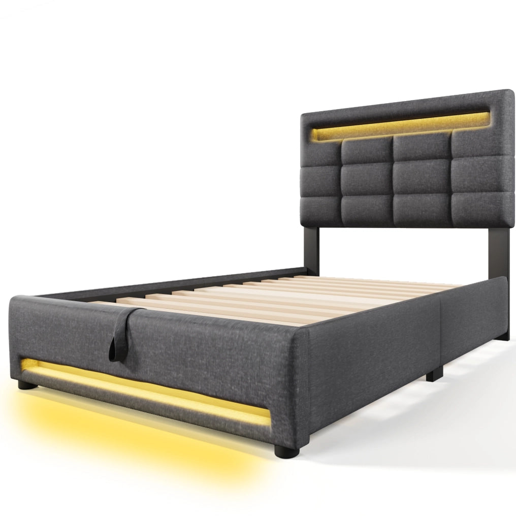 Letto imbottito 90x200 cm con contenitore e LED in lino grigio