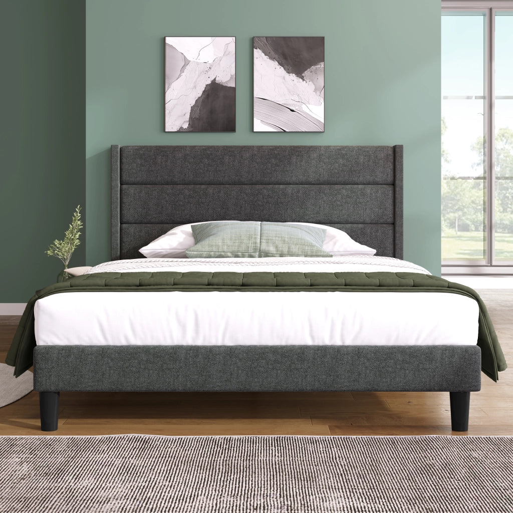 Letto Matrimoniale 140 x 200 cm con Testiera Imbottita; senza Materasso; in Tessuto Lino; Grigio Scuro