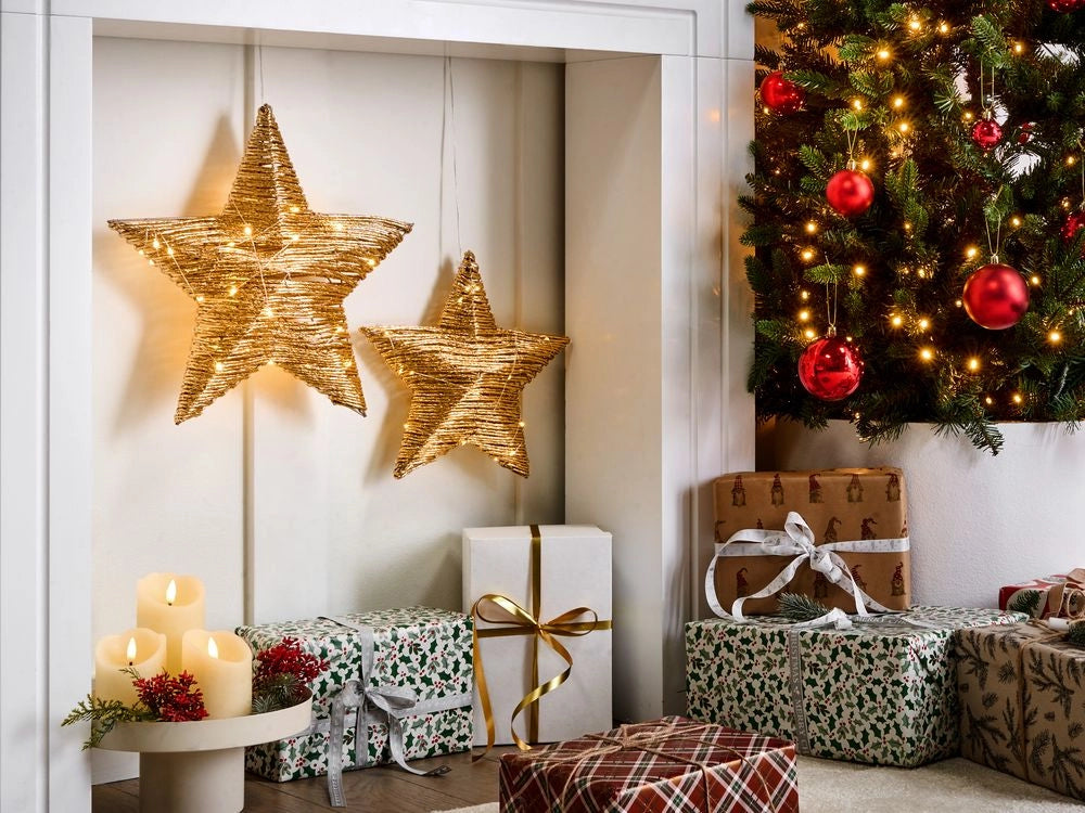Set di 2 decorazioni natalizie a LED appese luci natalizie a forma di stella luci natalizie in metallo dorato