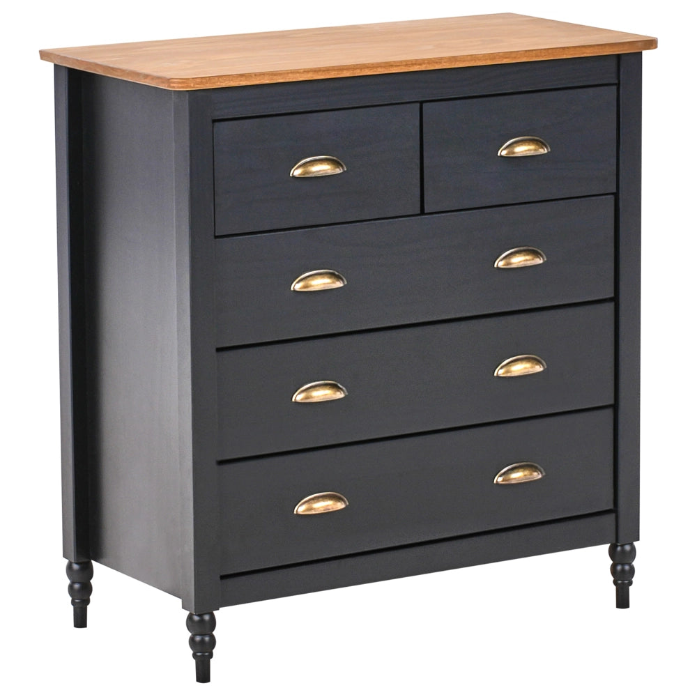 Credenza nera a 5 cassetti con ripiano in legno in stile scandinavo