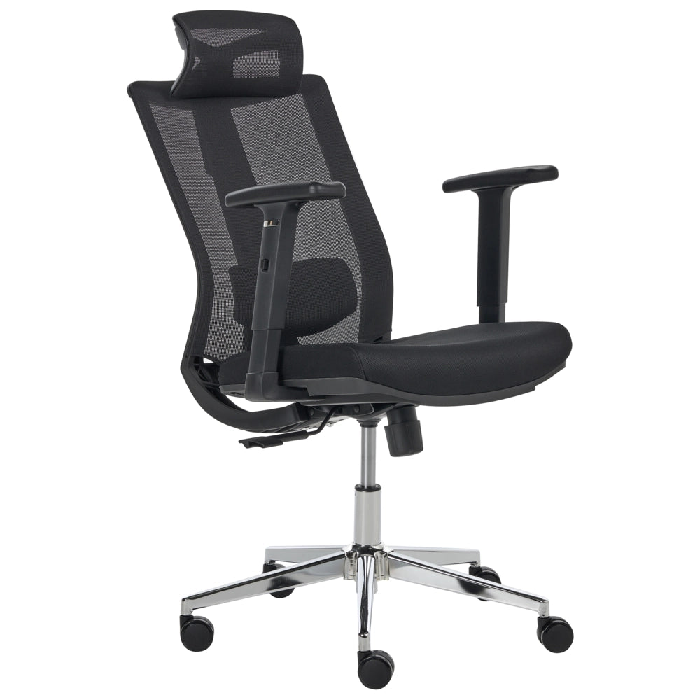 Sedia da ufficio in tessuto e rete nera, schienale e braccioli regolabili, design moderno, per l'ufficio domestico
