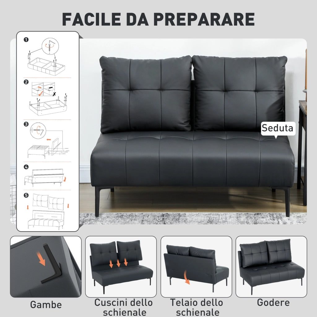 Divano 2 Posti in Similpelle Trapuntato Senza Braccioli ¨C Zephmum ¨C Nero 115x73x83