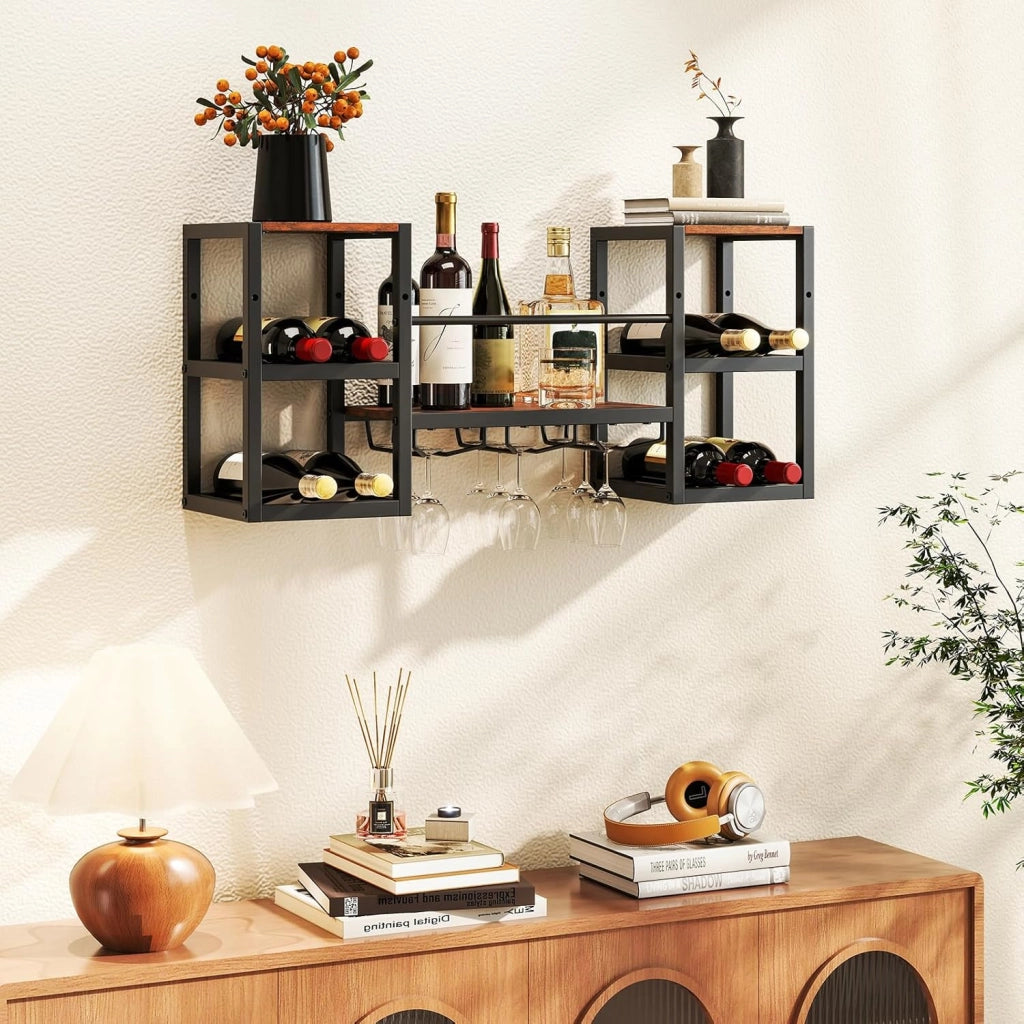 Portabottiglie da parete, portabottiglie sospeso con portabicchieri, scaffali aperti, scaffale galleggiante multifunzionale a 3 livelli, robusto per cucina, bar, sala da pranzo