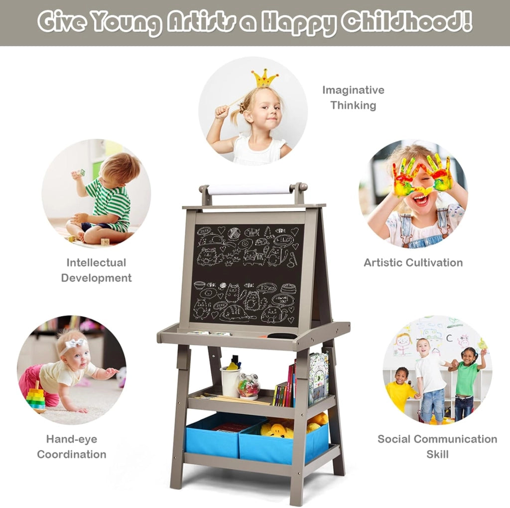 3 in 1 Cavalletto per Bambini con Doppia Faccia, Cavalletto per Disegno con 2 Vassoi e 2 Scatole, Lavagna Bambini in Legno (Grigio)