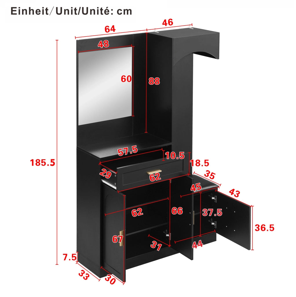 Mobile da ingresso ULEVR 110x33x185,5 cm con specchio, scarpiera, panca e ripiani regolabili, nero